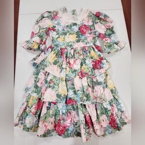 Vintage 80s 90s Sarah Too By Sarah Kent Floral Kids Dress with Lace Collar